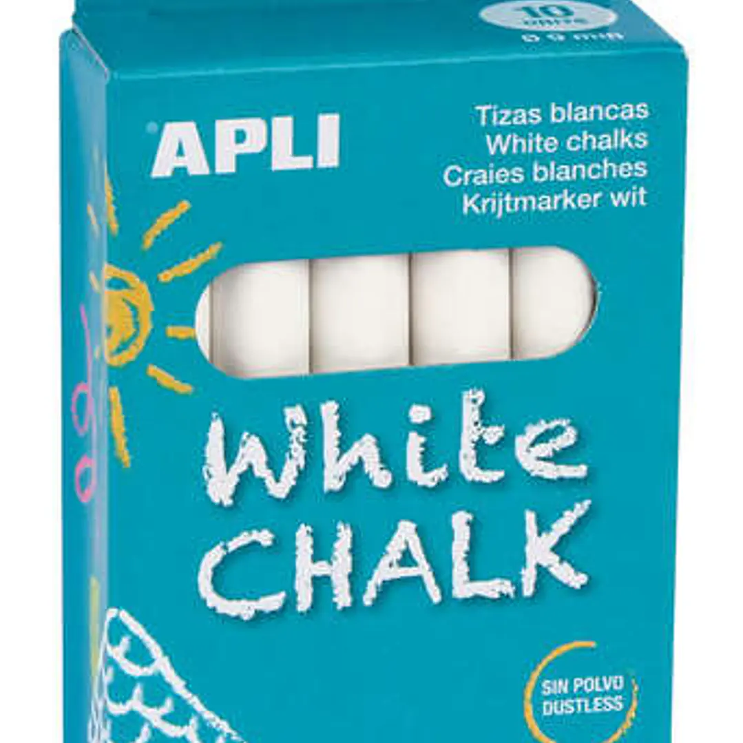 Apli Pack de 10 Tizas Blancas Redondas - Tamaño Ø 9 x 80mm - Bajo en Residuo y sin Polvo - Ideal para Escribir, Dibujar y Colorear en Pizarras y Pavim 1