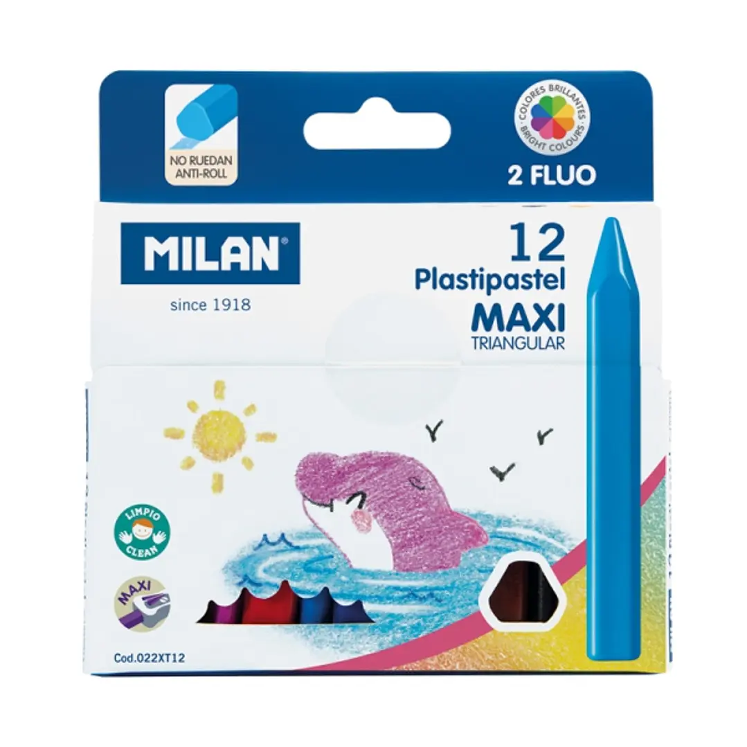 Milan Pastipastel Maxi Pack de 12 Ceras de Colores Triangulares - Contiene 2 Ceras Fluo - Colores Surtidos 1