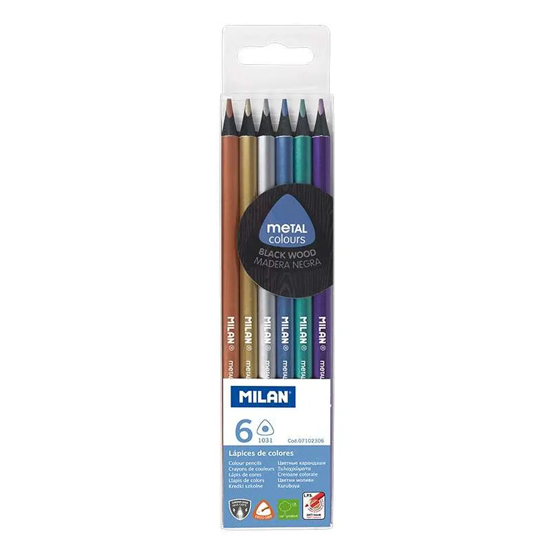 Milan Pack de 6 Lapices Triangulares de Colores Metalizados - Mina 2.9mm - Ergonomicos - Resistente a la Rotura - Madera de Tilo - Colores Surtidos 1
