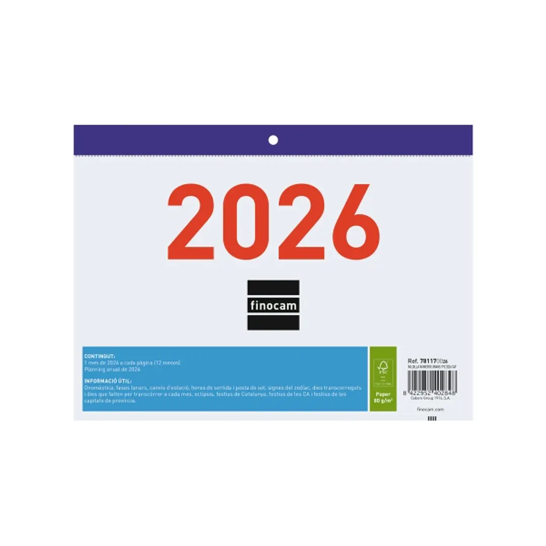 Finocam Calendario Faldilla en Catalan - Anual 2026 - Formato F92 - 210x3x150mm - Numeros Grandes - Color Blanco y Azul 1