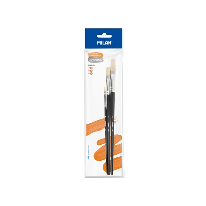 Milan 501 Pack de 3 Pinceles Planos - Formatos Surtidos - Color Negro 1