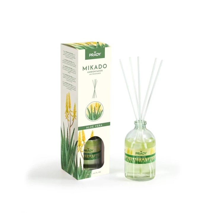Prady Ambientador Mikado Aloe Vera - Frasco de Cristal 100 ml y Varitas Difusoras 1