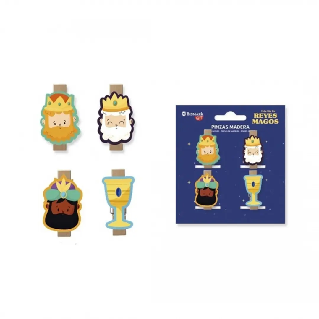Bismark Pack de 4 Pinzas de Madera Decoradas con Reyes Magos 1