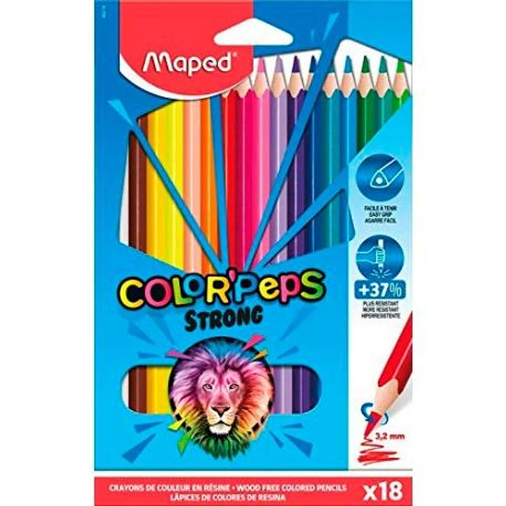 Maped Color´Peps Strong Pack de 18 Lapices Triangulares de Colores - Mina 3,2mm - Sin Madera - Punta Ultra Resistente - Colores Surtidos 1
