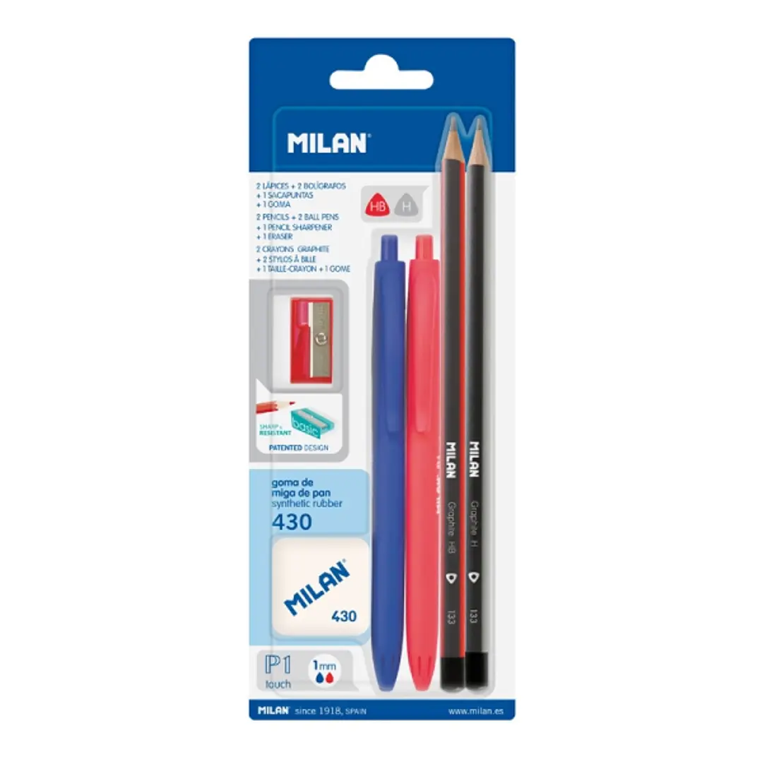 Milan P1 Touch Pack de 2 Boligrafos + 2 Lapices + Goma 430 + Sacapuntas - Tinta Azul y Roja - Durezas HB y H - Colores Surtidos 1
