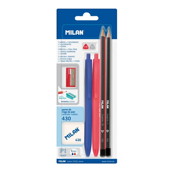 Milan P1 Touch Pack de 2 Boligrafos + 2 Lapices + Goma 430 + Sacapuntas - Tinta Azul y Roja - Durezas HB y H - Colores Surtidos 1
