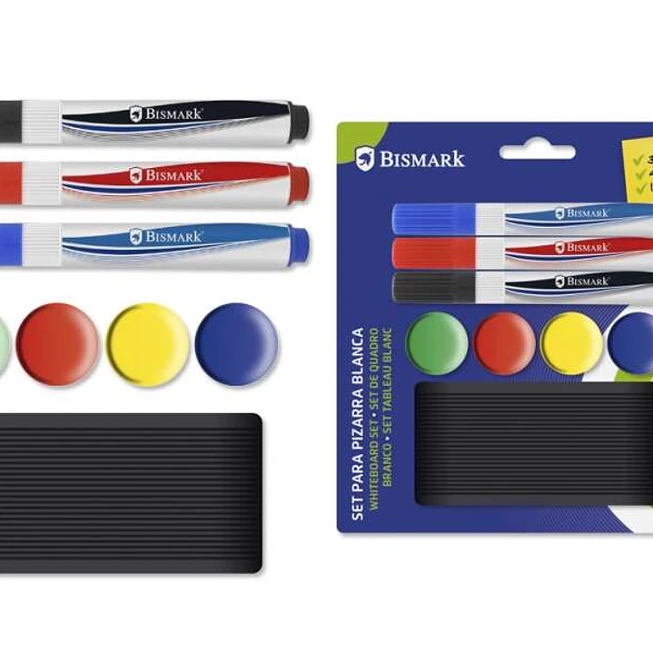 Bismark Pack de 3 Rotuladores para Pizarra + 4 Imanes + Borrador - Colores Surtidos 1