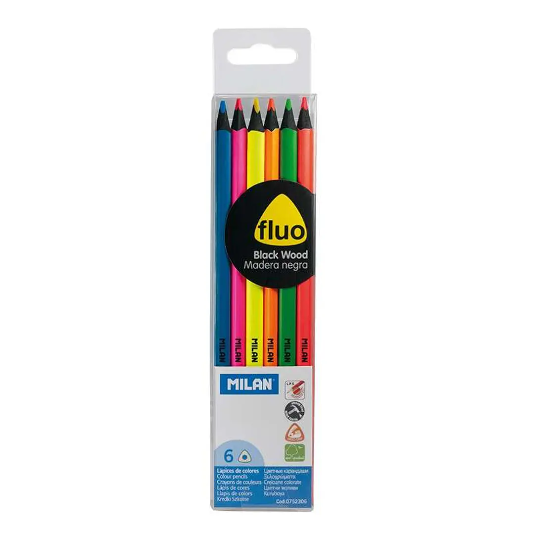 Milan Fluo Pack de 6 Lapices Triangulares de Colores - Mina 2.9mm - Ergonomicos - Resistente a la Rotura - Madera de Tilo - Colores Surtidos 1