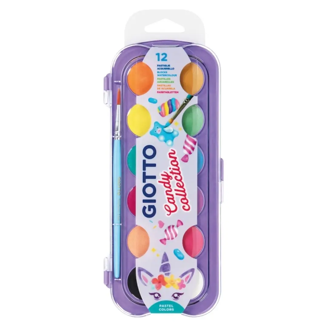 Giotto Candy Collection Estuche de 12 Acuarelas de 30mm + Pincel - Colores Brillantes, Intensos y Vivos - Muy Cubrientes - Colores Surtidos 1