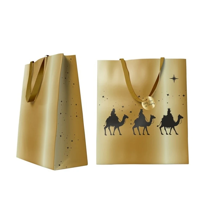 Bismark Bolsa de Papel Reyes Magos - Medidas 27x37x12cm - Tarjeta Colgante - Color Oro 1
