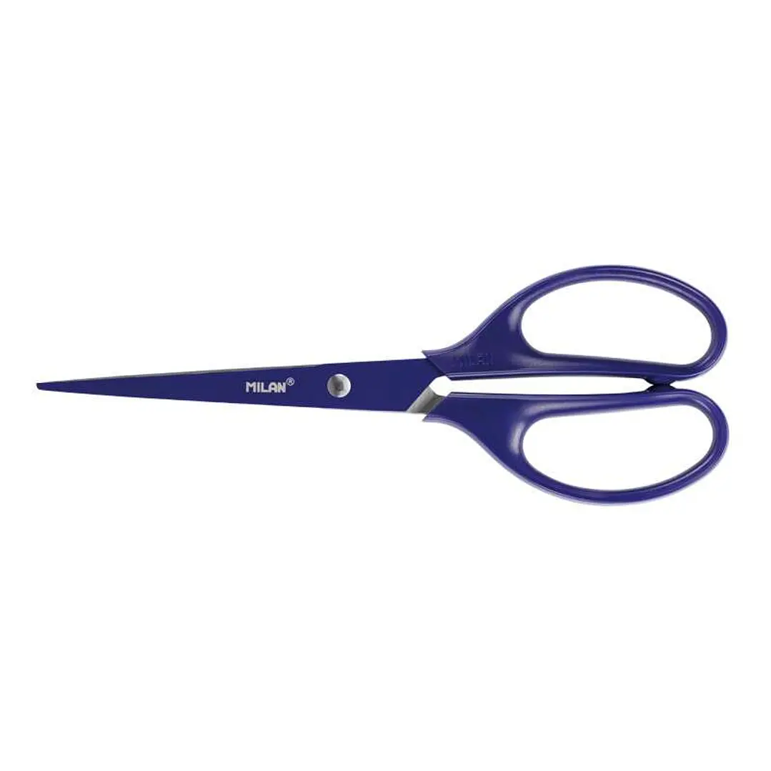 Milan Tijeras Oficina Acid con Cuchilla de Acero Inoxidable - Mango de Plastico Simetrico - Longitud 17cm - Color Azul 1