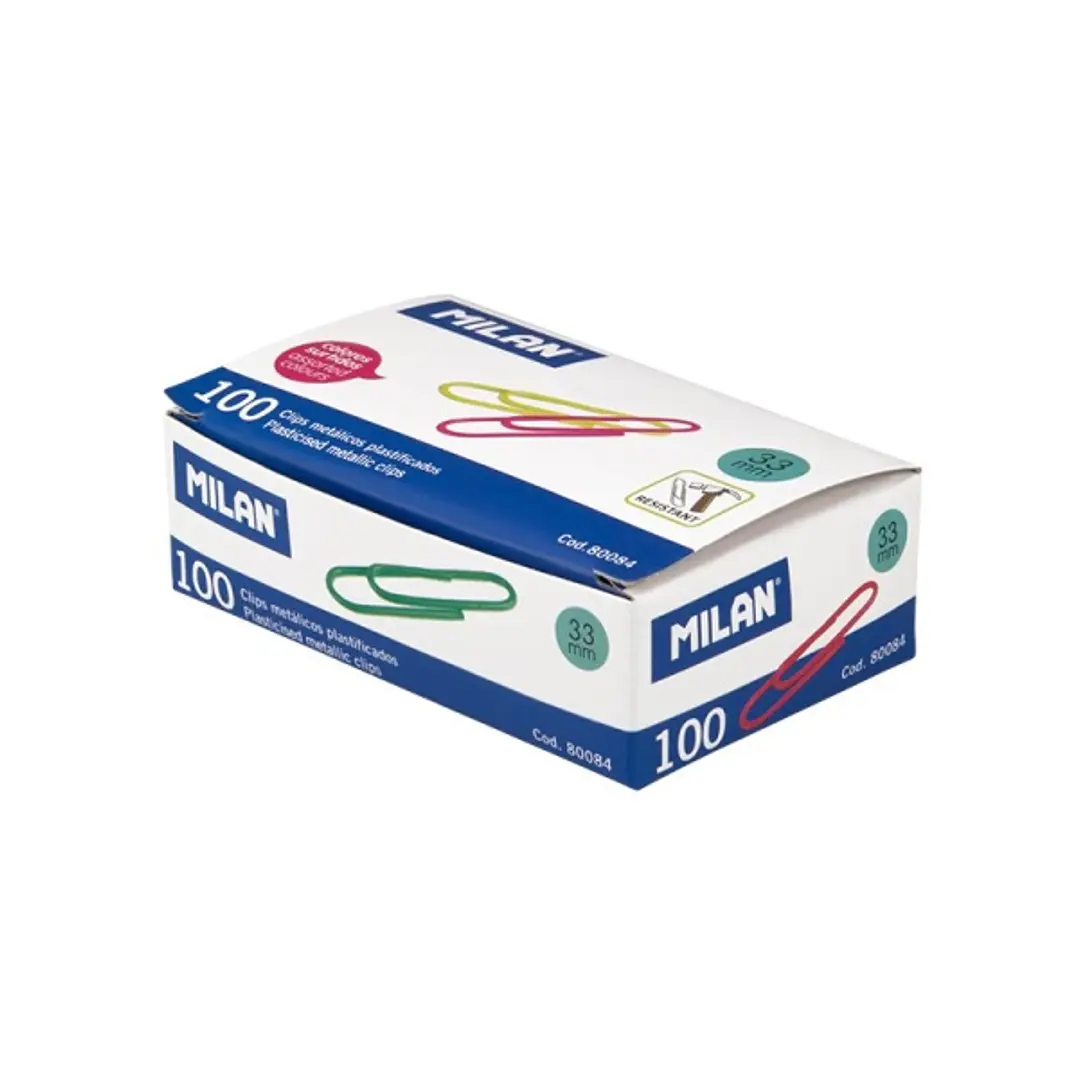 Milan Caja de 100 Clips Metalicos Plastificados 33mm - Colores Surtidos 1
