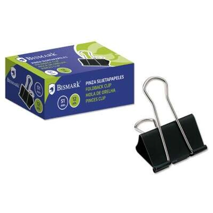 Bismark Pack de 12 Pinzas Sujetapapeles Metalicas de 51mm - Pala Abatible - Color Negro 1