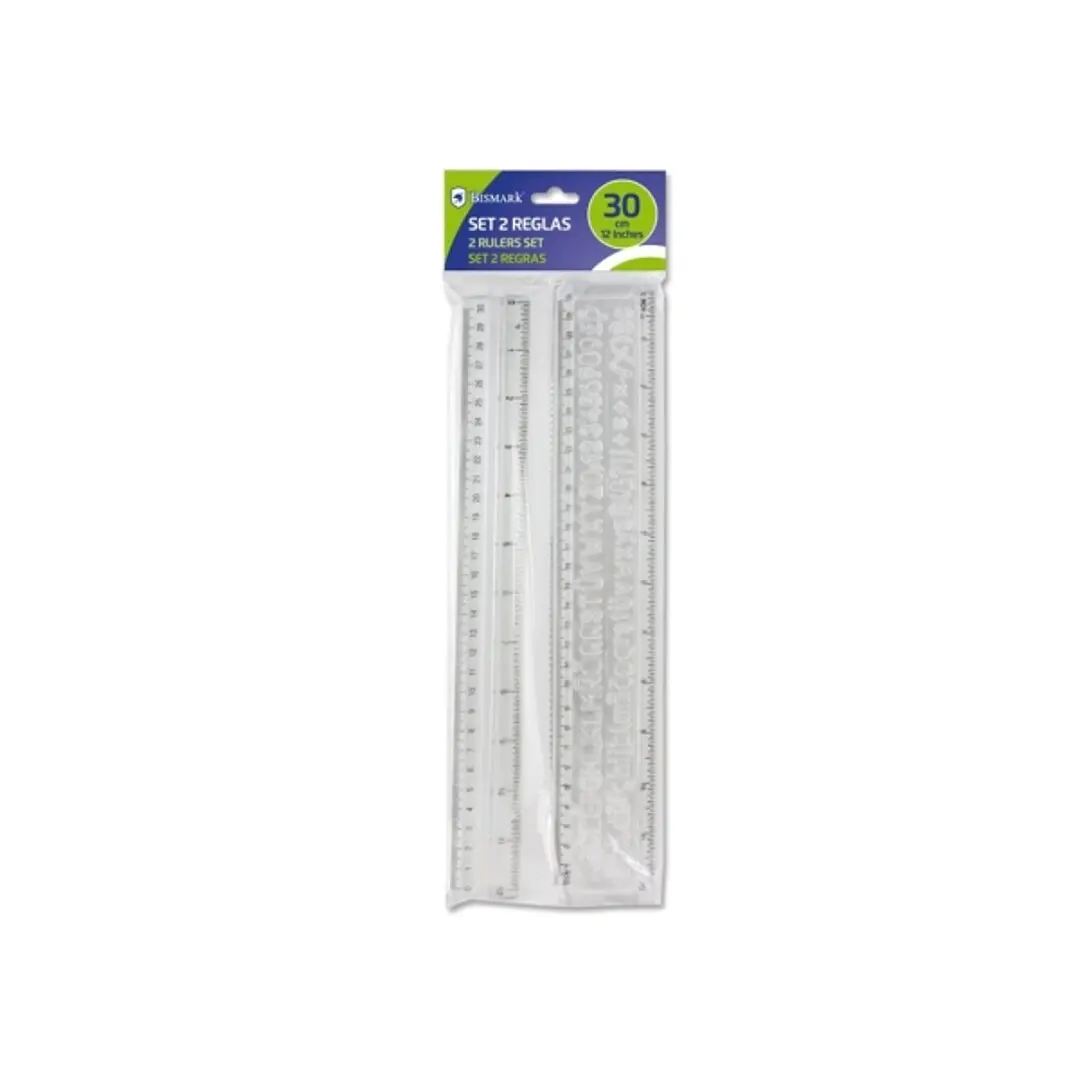 Bismark Pack de 2 Reglas Milimetradas 30cm - Con Plantilla de Caracteres Rotulables - Ideal para Colegio - Fabricada en Plastico - Transparente 1