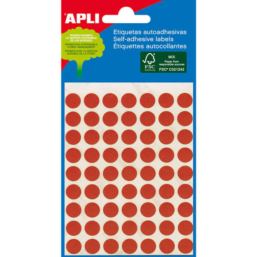 Apli Minibolsa de 288 Etiquetas Redondas Ø 8mm - 3 Hojas por 96 Etiquetas - Adhesivo Permanente - Color Rojo 1