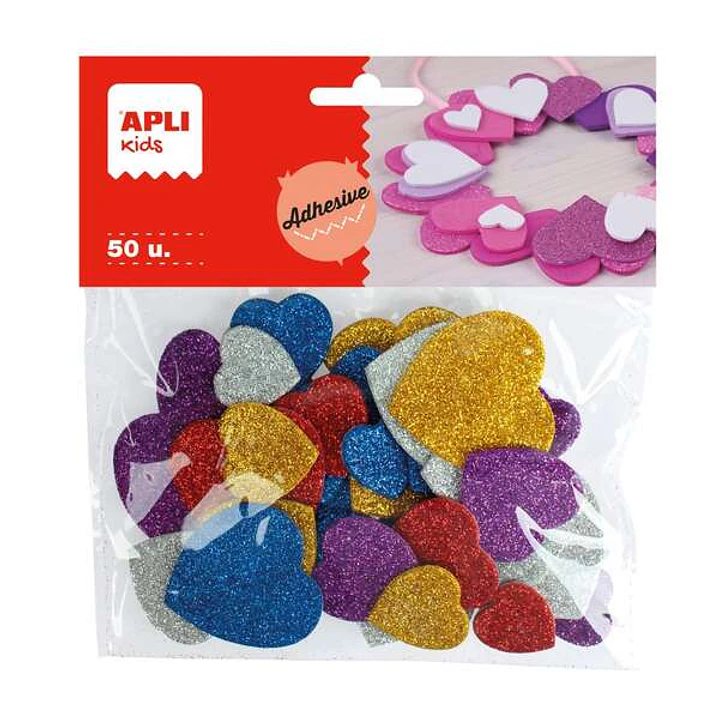 Apli Formas de Corazones Adhesivas de Goma Eva - 50 Formas - Medidas Surtidas - Material Suave y Seguro - Colores Surtidos Purpurina 1