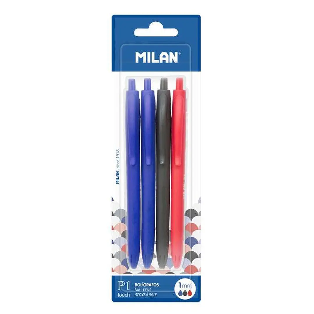 Milan P1 Touch Pack de 4 Boligrafos de Bola Retractiles - Punta Redonda 1mm - Tinta con Base de Aceite - Escritura Suave - 1.200m de Escritura - Color 1