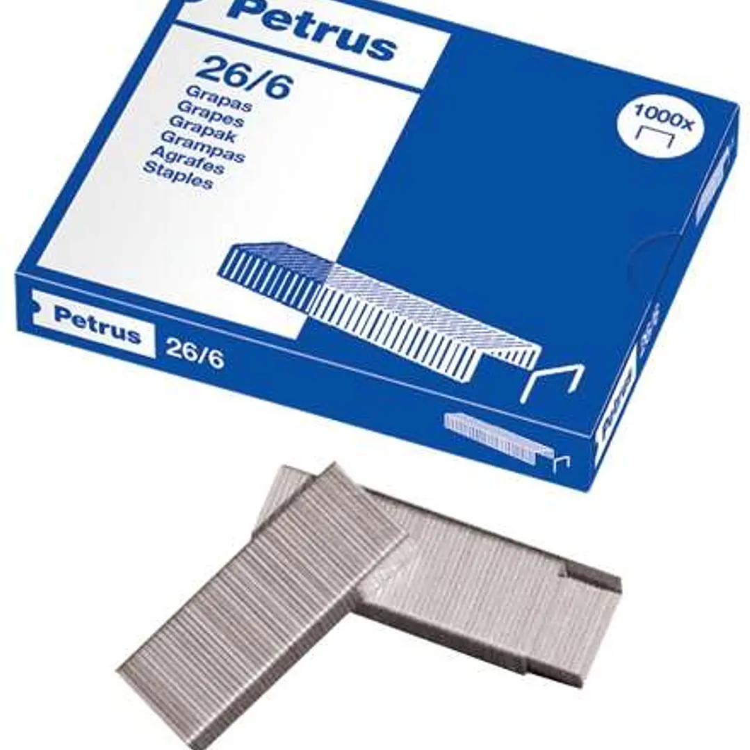 Petrus Caja de 1000 Grapas 26/6 Galvanizadas - Grapa hasta 30 Hojas - Patilla de 6mm 1