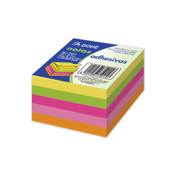 Dohe Cubo de 250 Notas Reposicionables - Tamaño 50x50mm - Papel de 75gr - Ideal para Oficina y Escuela - Colores Neon Surtidos 1