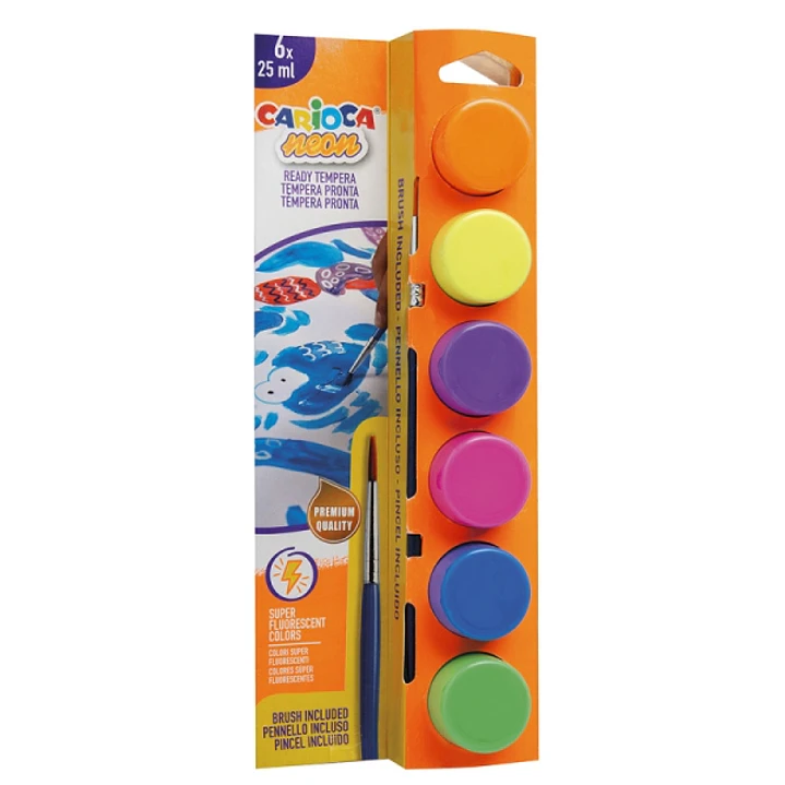 Carioca Neon Pack de 6 Temperas en Botes de 25ml + Pincel - Superlavables - Mezclables - Colores Neon Surtidos 1