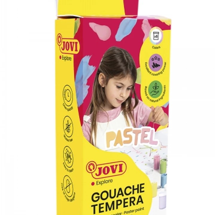 Jovi Gouache Tempera Estuche de 6 Botes 15ml Tempera Escolar - Colores Pastel + Pincel - Mezclables - Incluye Pincel - Color Surtido 1