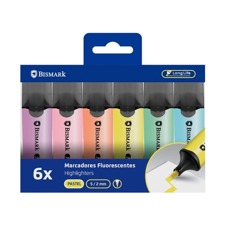 Bismark Long-Life Pack de 6 Marcadores Fluorescentes - Punta Biselada 2 - 5mm Aprox - Tinta Base de Agua - Larga Duracion - Colores Pastel Surtidos 1