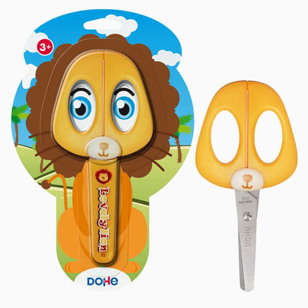 Dohe Tijera Escolar para Niños - Acero Inoxidable - Puntas Redondeadas - Funda para las Hojas - Diseño Leon 1