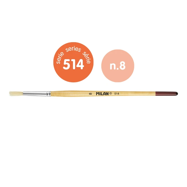 Milan 514 Pack de 10 Pinceles Redondos - Numero 8 - Bolsa con Colgador - Cerda Natural - Mango Corto - Color Madera Claro 1