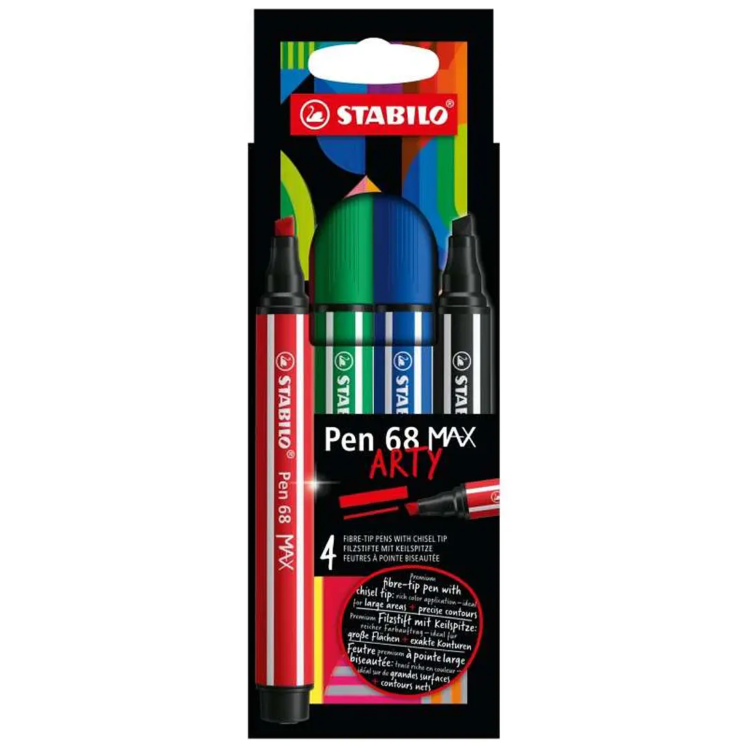 Stabilo Pen 68 MAX Arty Pack de 4 Rotuladores - Punta de Fibra Biselada - Trazo entre 1-5mm aprox. - Tinta a Base de Agua - Colores Surtidos 1