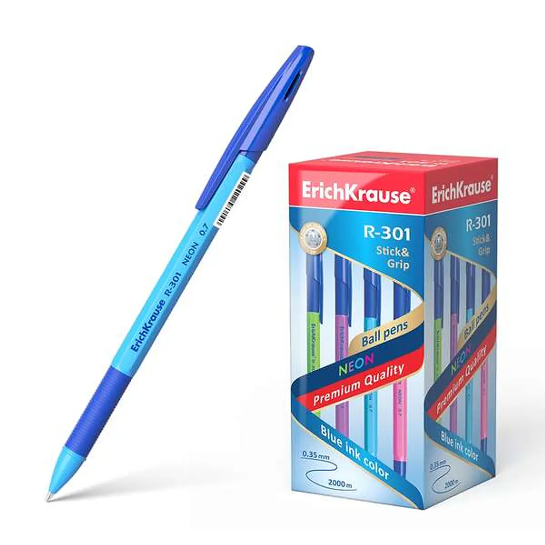 Erichkrause Boligrafo R-301 Neon Stick&Grip 0.7 - Cuerpo Hexagonal Translucido - Zona de Agarre de Goma - Punta de 0.7mm - Tinta de Secado Rapido - Co 1