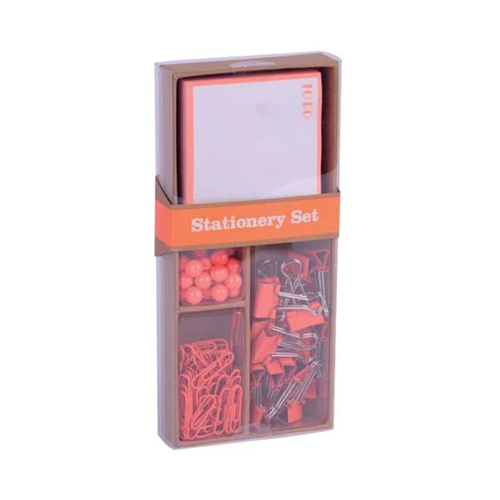 Apli Fluor Collection Set de Oficina - 25 Pins, 80 Clips de 28mm, 20 Pinzas Abatibles de 19mm y Notas Adhesivas de 100 Hojas en Naranja Fluor - Diseño 1
