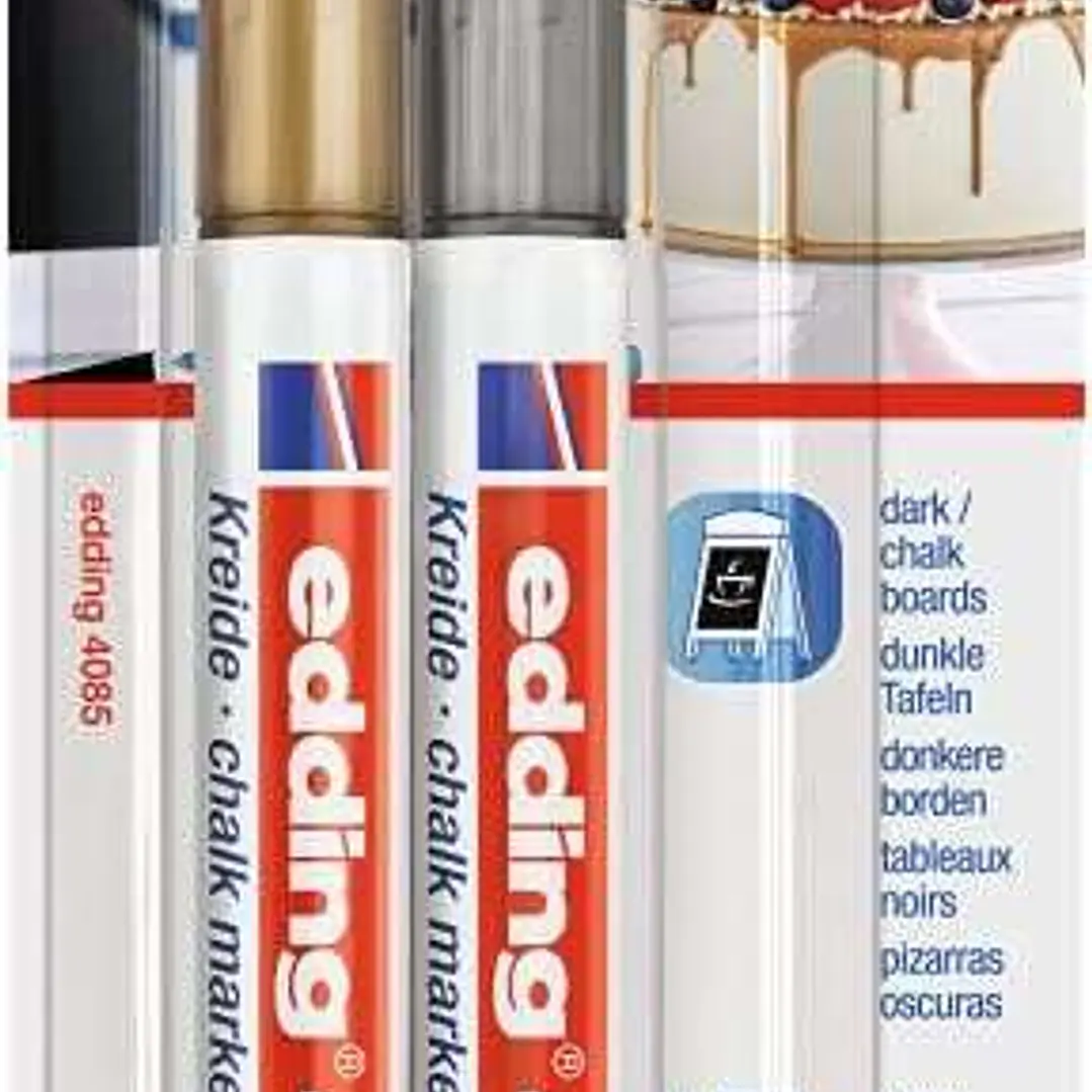 Edding 4085 Pack de 2 Rotuladores de Tiza Liquida - Punta Redonda - Trazo 1-3mm - Olor Neutro - Color Oro y Plata 1