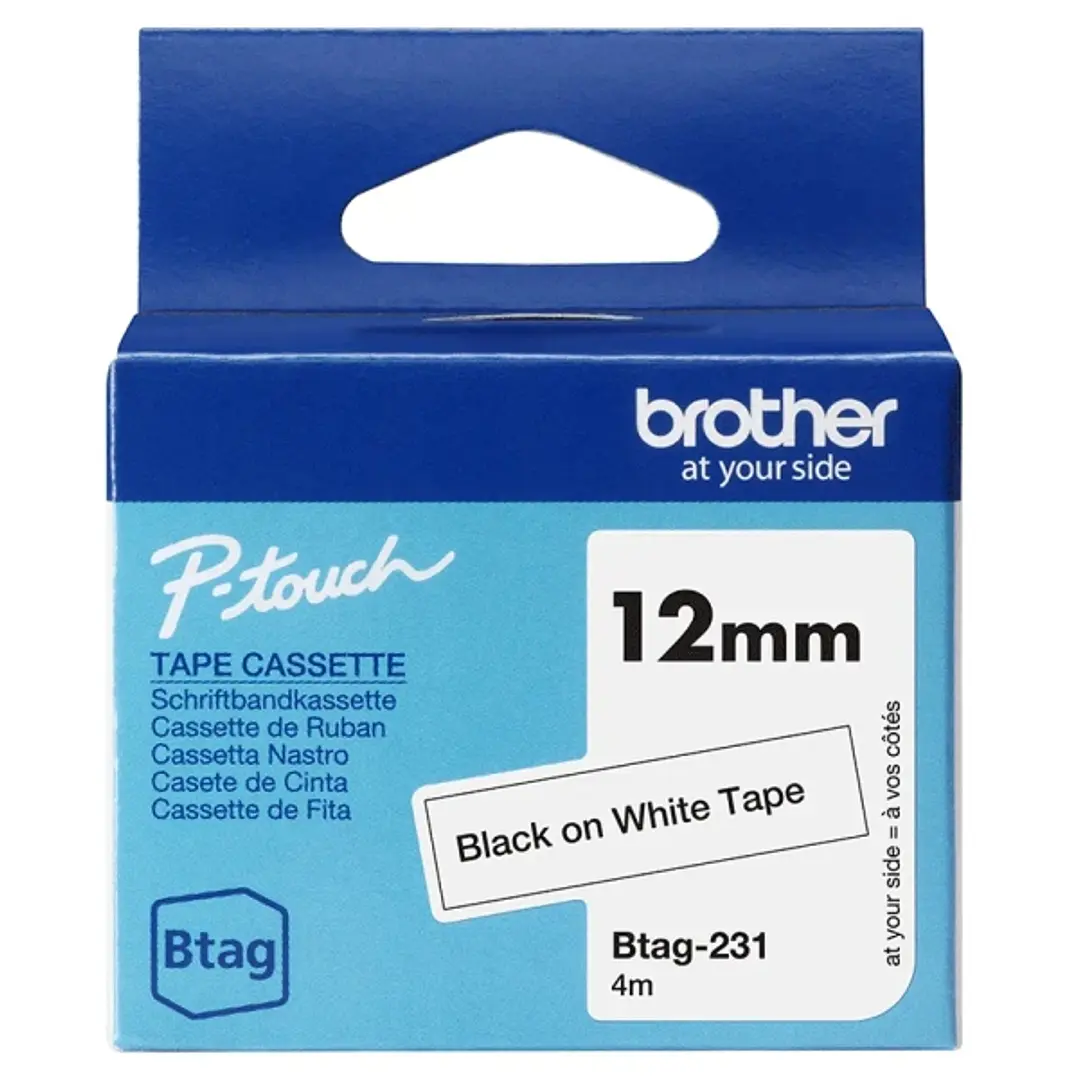 Brother Btag-231 Cinta 12mm - Texto Negro sobre Fondo Blanco - Medidas 12mmx4 Metros - Apta para PTN10, PTN20, PTN25BT 1