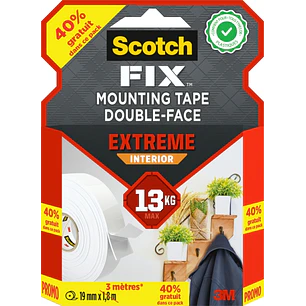 Scotch-Fix Cinta de Montaje para Interior Extremo de Doble Cara - Promocion 40% Gratis - 19 mm x 3m - Color Blanco