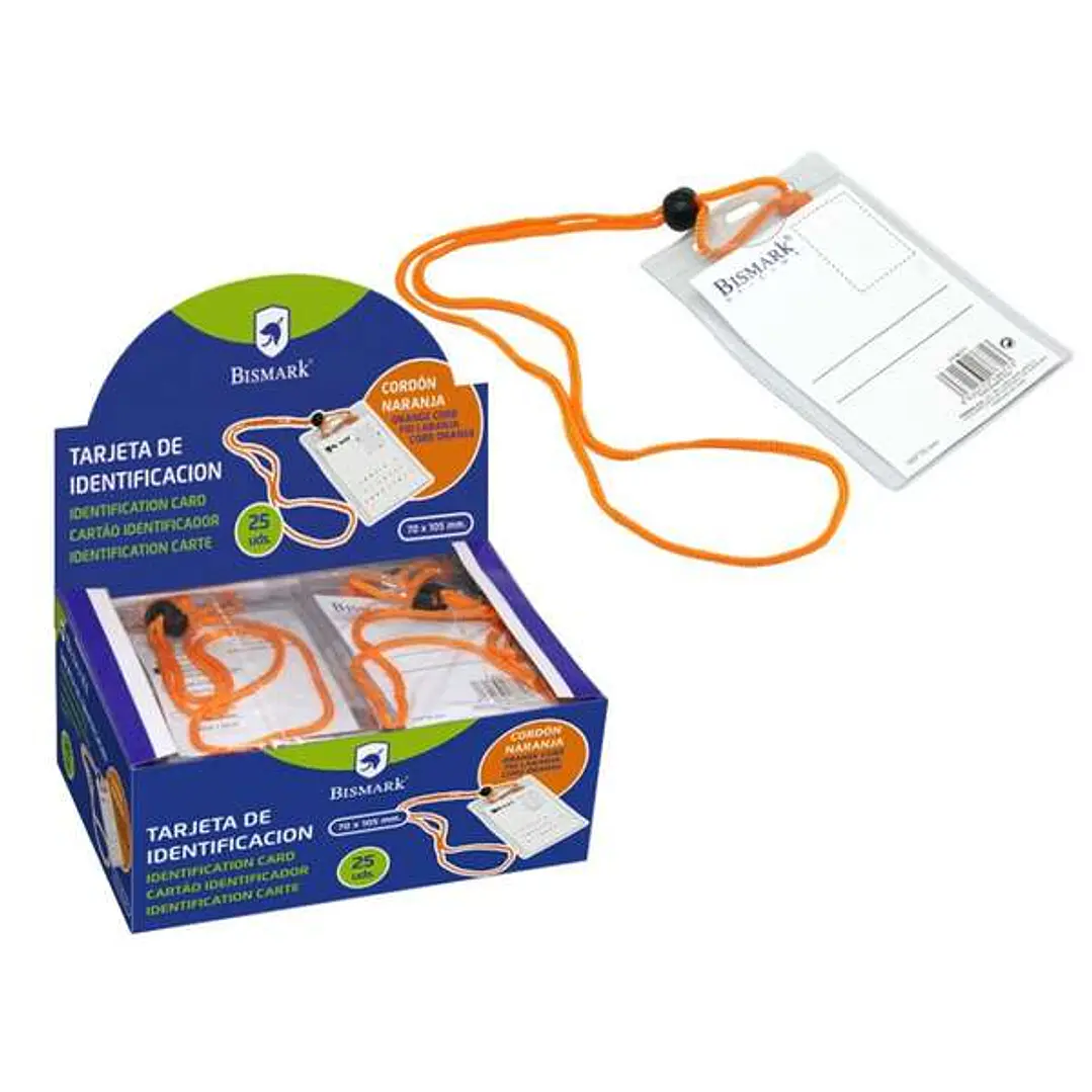 Bismark Portanombres Vertical con Cordon Naranja - Rapida Sustitucion de la Tarjeta - Tarjeta Incluida - Transparente 1