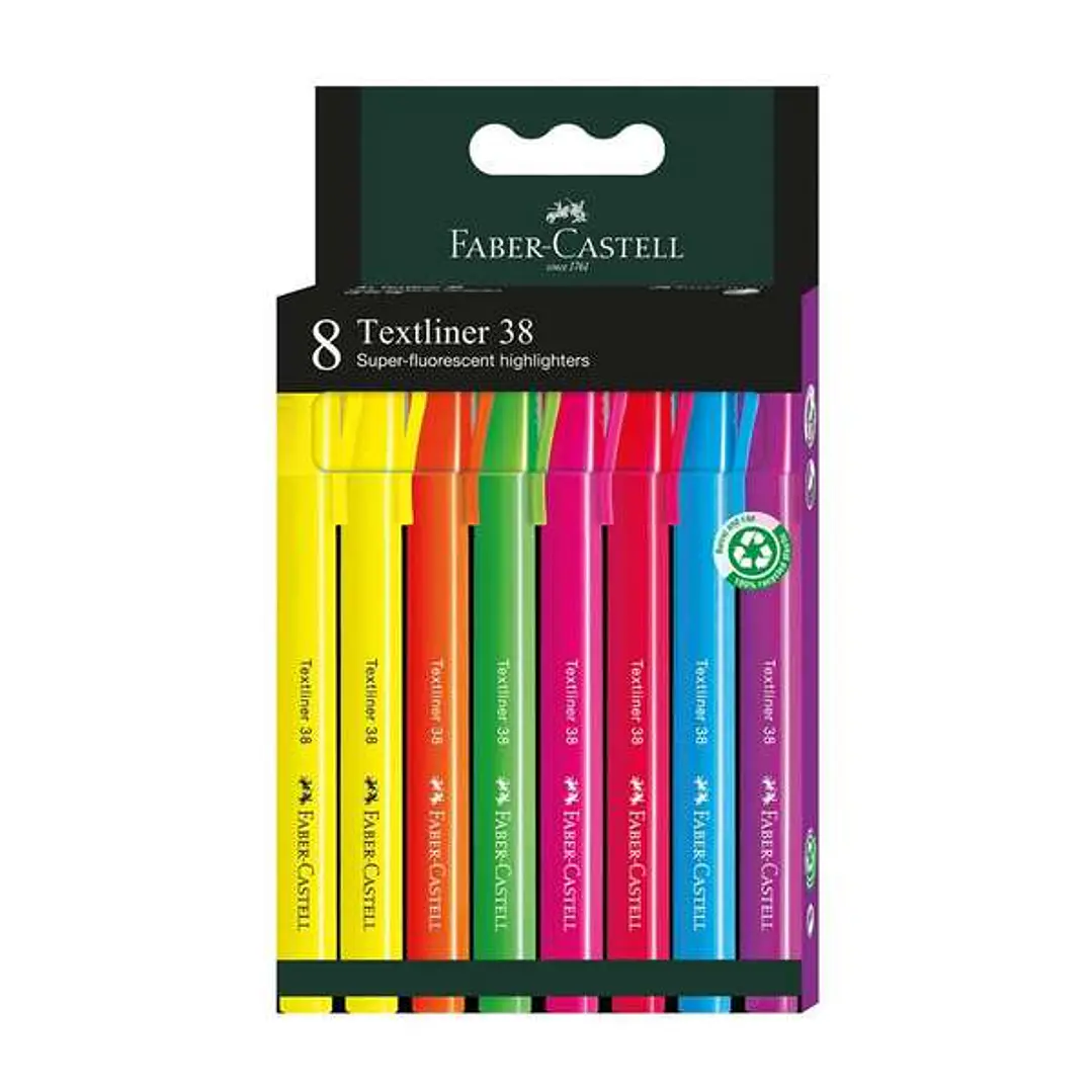 Faber-Castell Textliner 38 Pack de 8 Marcadores Fluorescentes - Cuerpo Fino - Punta Biselada - Trazo Grueso y Fino - Tinta con Base de Agua - Colores  1