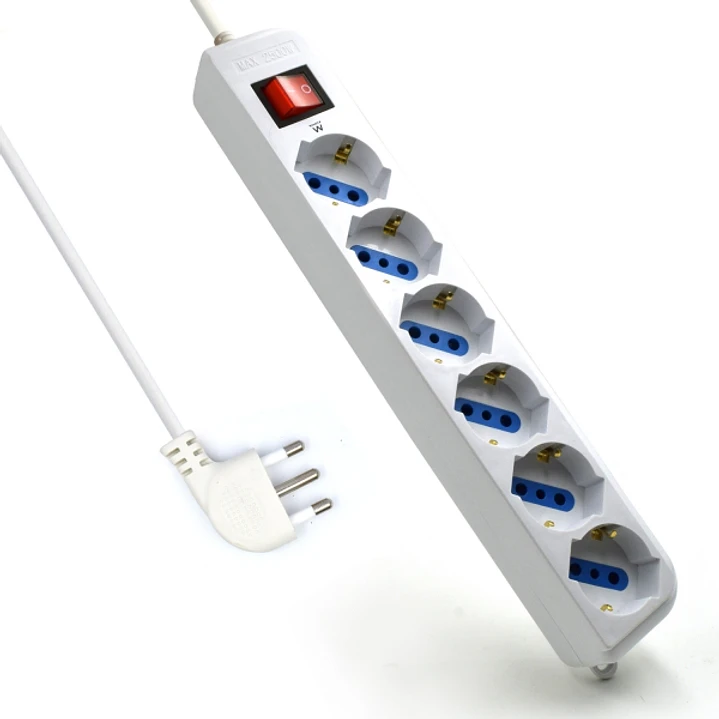 Ewent Regleta con 6 Tomas Tipo L/F (Schuko) de 10/16A - Interruptor On/Off - Proteccion contra Sobretensiones - Enchufe Italiano Plano en Angulo - Pro 1