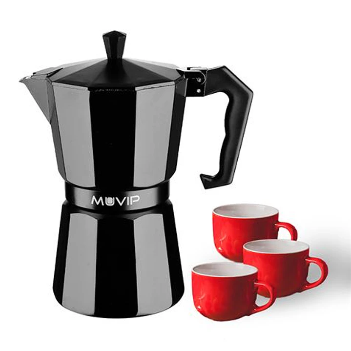 Muvip MV0606 Cafetera de Aluminio - Capacidad 3 Tazas - Mango Ergonomico - Antiadherente - Apta para Placas Electricas, Vitroceramicas y Gas - Color N 1