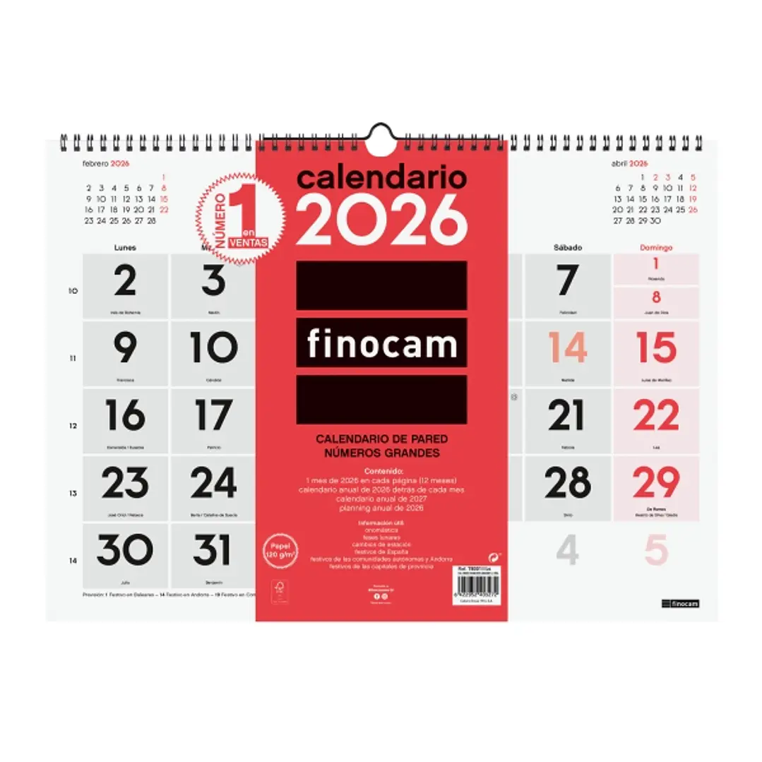 Finocam Calendario de Pared - Anual 2026 - 430x5x320mm - Numeros Grandes - Color Blanco y Rojo 1