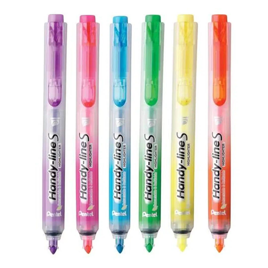 Pentel Handy Line S Pack de 6 Marcadores Fluorescentes Retractiles - Tinta Liquida - Trazo de 1.6 a 3mm - Formato Fino con Clip - Colores  Amarillo, N 1