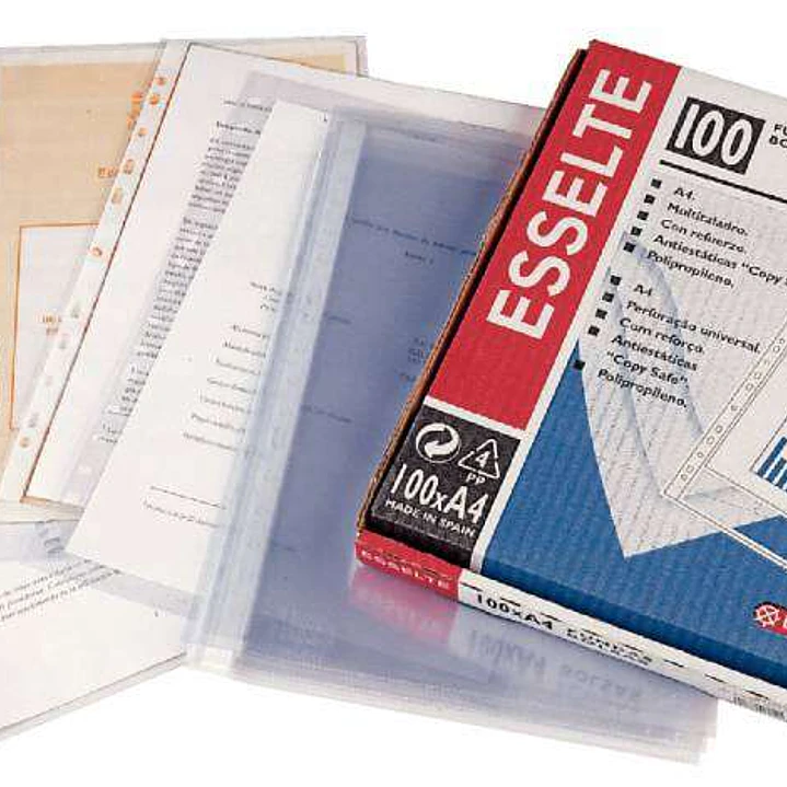 Esselte Caja de 100 Fundas Porta Documentos Multitaladro-16 - Tamaño Folio - Cristal Liso Calidad Estandar - Transparente 1