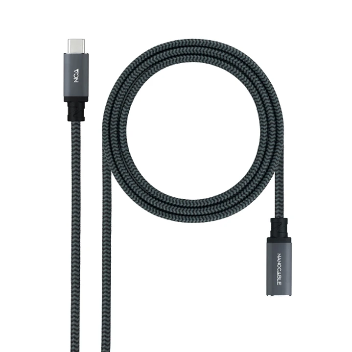 Nanocable Cable Prolongador USB-C 3.2 Macho a USB-C 3.2 Hembra - Gen2x2 20Gbp - 100W 5A - 4K 60Hz - 2 Metros - Mallado - Color Negro 1