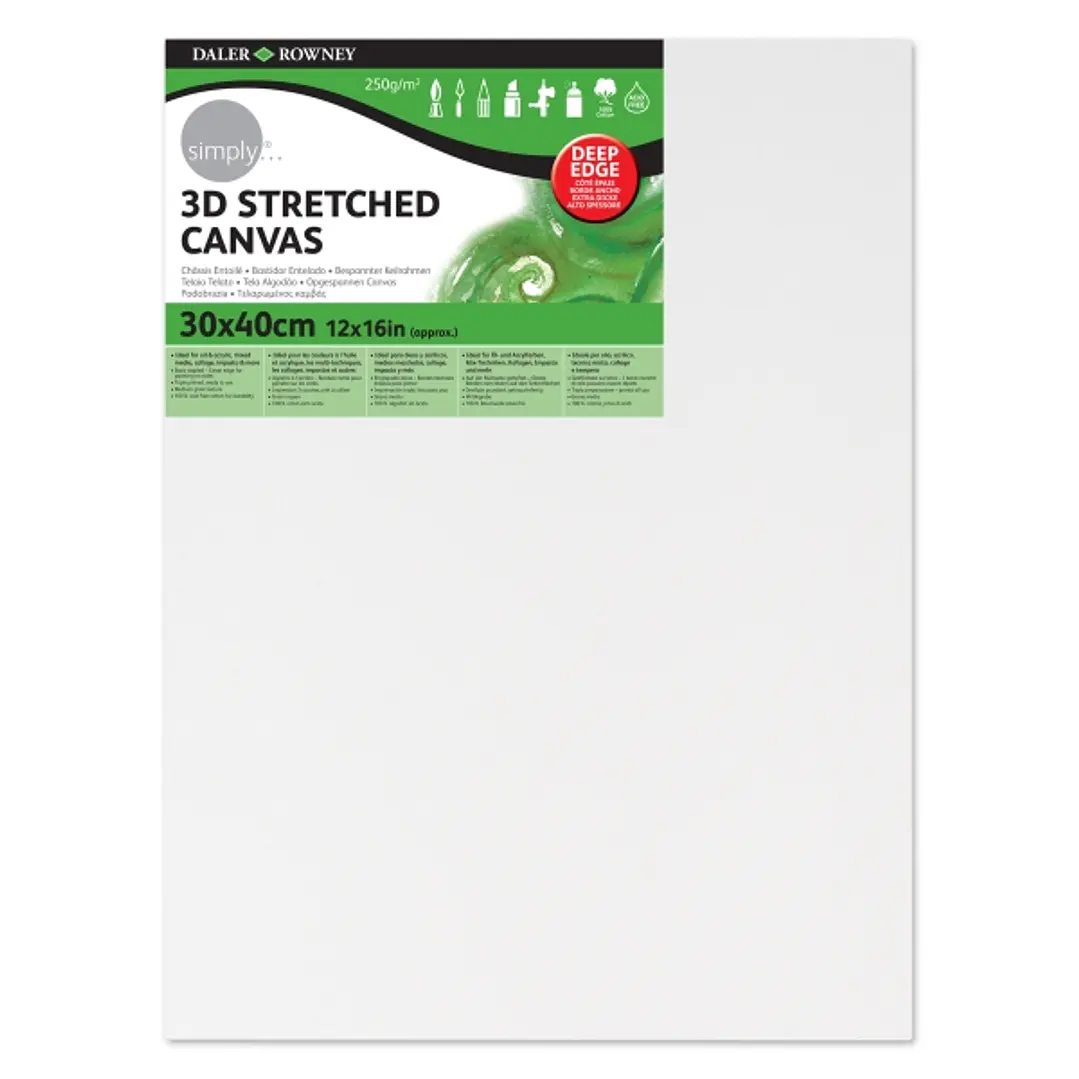Daler Rowney Simply Bastidor Entelado 3D - 30x40cm - Imprimacion Triple - Grano Medio - 100% Algodon sin Acido - 250g - Color Blanco 1