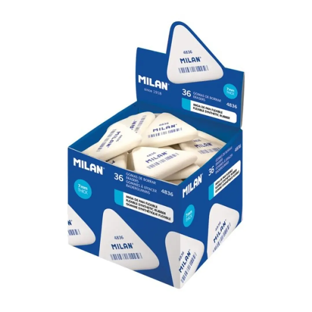 Milan 4836 Goma de Borrar Triangular Flexible - Miga de Pan - Caucho Sintetico - Color Blanco 1