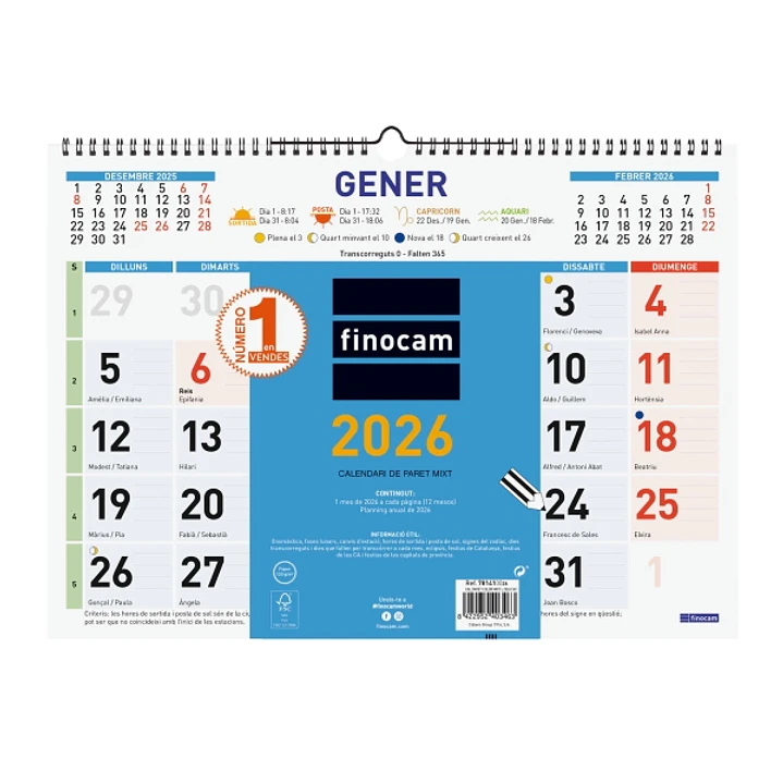 Finocam Calendario de Pared en Catalan - Anual 2026 - Espacio para Escribir - Formato L - 430x10x310mm - Numeros Grandes - Color Azul y Blanco 1