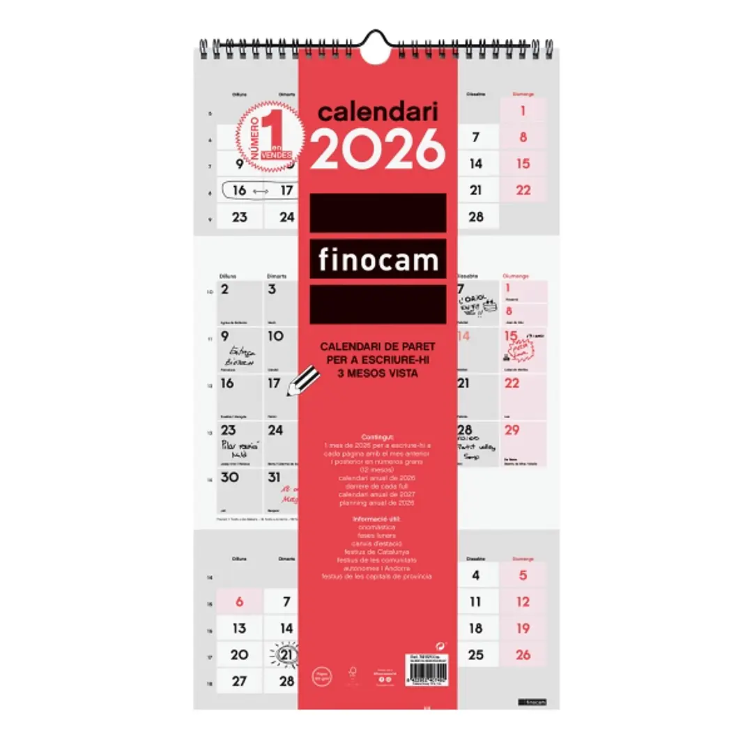 Finocam Calendario de Pared en Catalan - Anual 2026 - Espacio para Escribir - 236x8x440mm - 3 Meses Vista - Color Blanco y Rojo 1