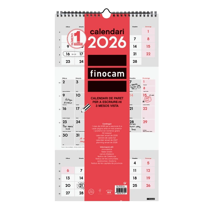 Finocam Calendario de Pared en Catalan - Anual 2026 - Espacio para Escribir - 236x8x440mm - 3 Meses Vista - Color Blanco y Rojo 1