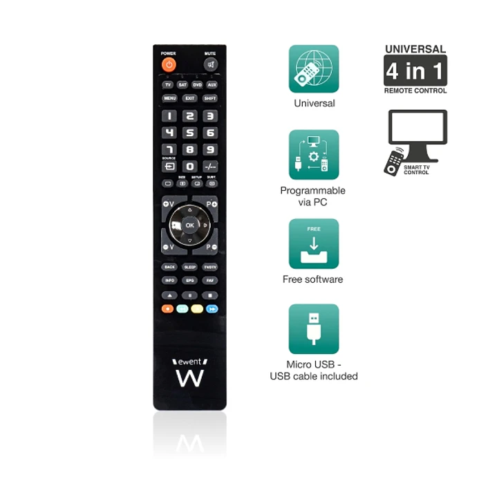 Ewent Control Remoto 4 en 1 Universal - Programable con Cable Micro USB y PC - Color Negro 1