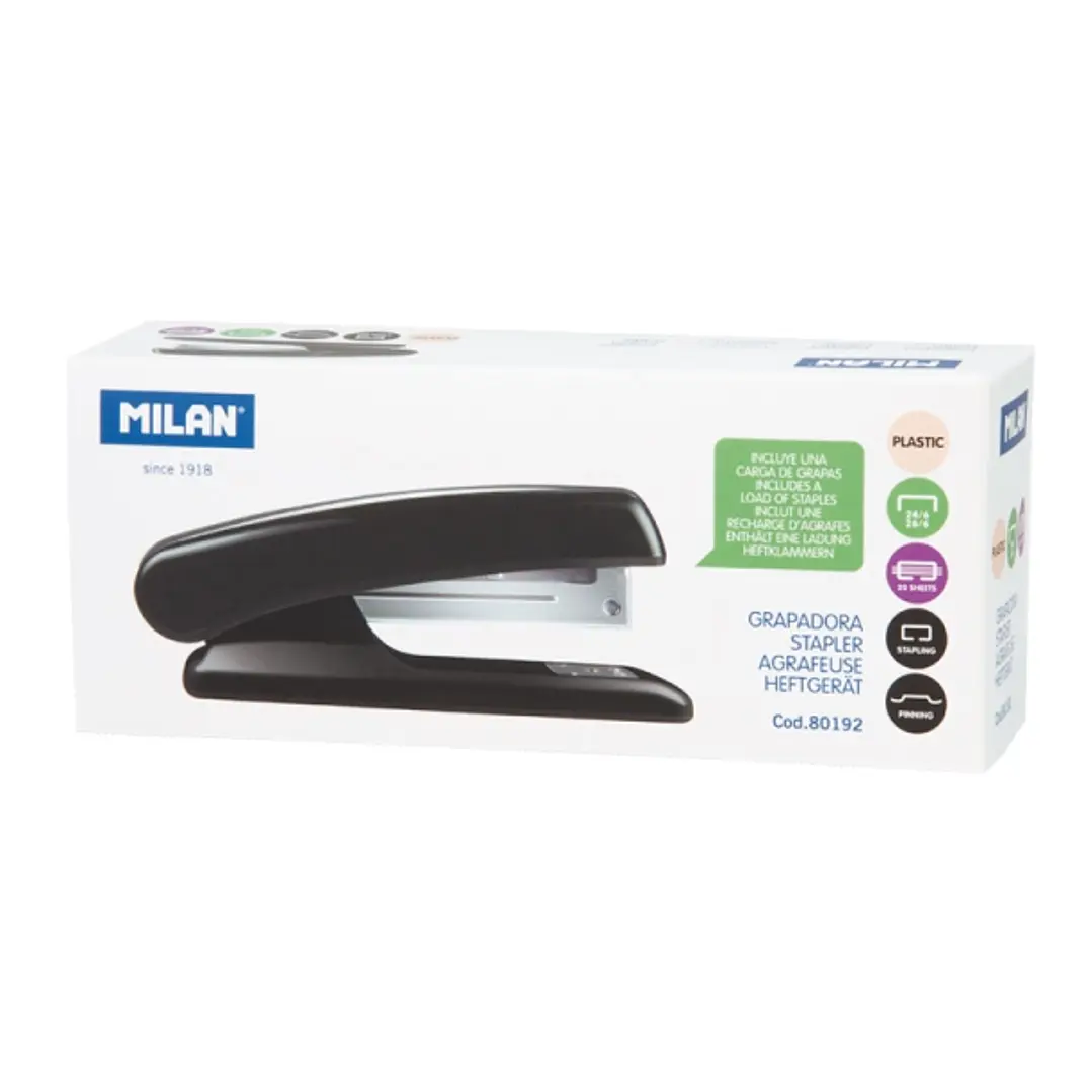 Milan Grapadora Metalica - Cuerpo de Plastico - hasta 20 Hojas - Base 12.5cm - Grapas 24/6 y 26/6 - Color Negro 1
