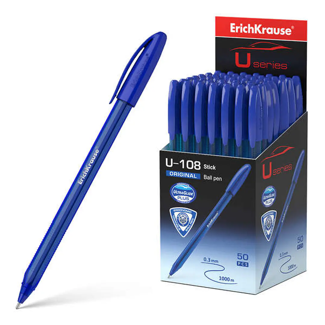 Erichkrause U-108 Boligrafo Clasico - Punta de Bola 1.0mm - Trazo de 0.3mm - Tapa Ventilada - Cuerpo Translucido y Tintado - Ultra Glide Technology -  1